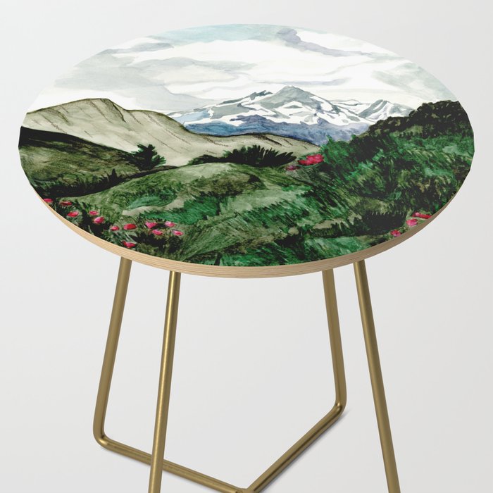 Field of flowers and mountains dreamy watercolor, landscape painting Side Table Gallery Image 2