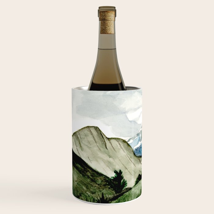 Field of flowers and mountains dreamy watercolor, landscape painting Wine Chiller Gallery Image 2