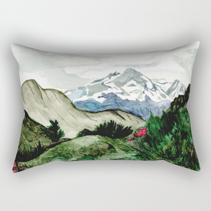 Field of flowers and mountains dreamy watercolor, landscape painting Rectangular Pillow Gallery Image 2