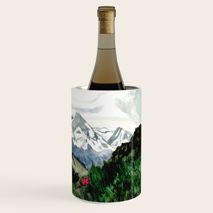 Field of flowers and mountains dreamy watercolor, landscape painting Wine Chiller Gallery Image 3