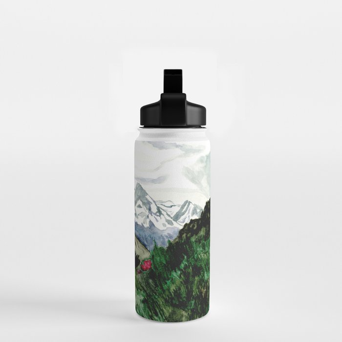 Field of flowers and mountains dreamy watercolor, landscape painting Water Bottle Gallery Image 2