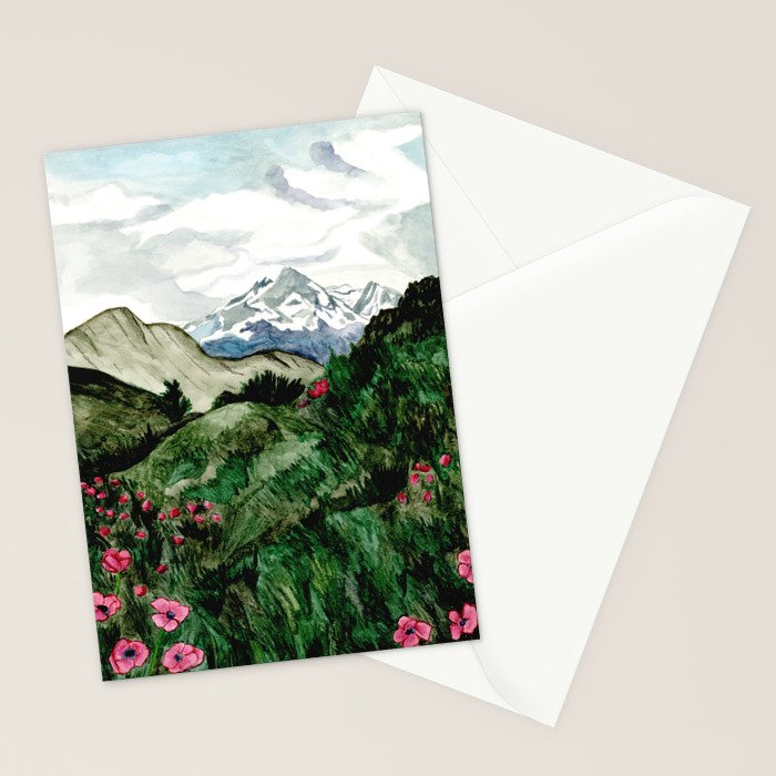Field of flowers and mountains dreamy watercolor, landscape painting Stationery Card Gallery Image 2
