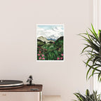Field of flowers and mountains dreamy watercolor, landscape painting Poster Gallery Image 2