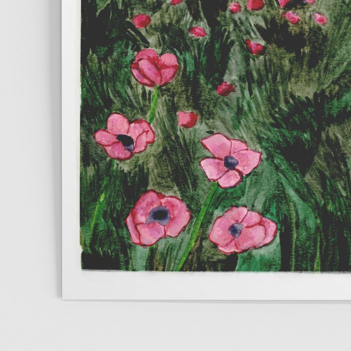 Field of flowers and mountains dreamy watercolor, landscape painting Poster Gallery Image 3