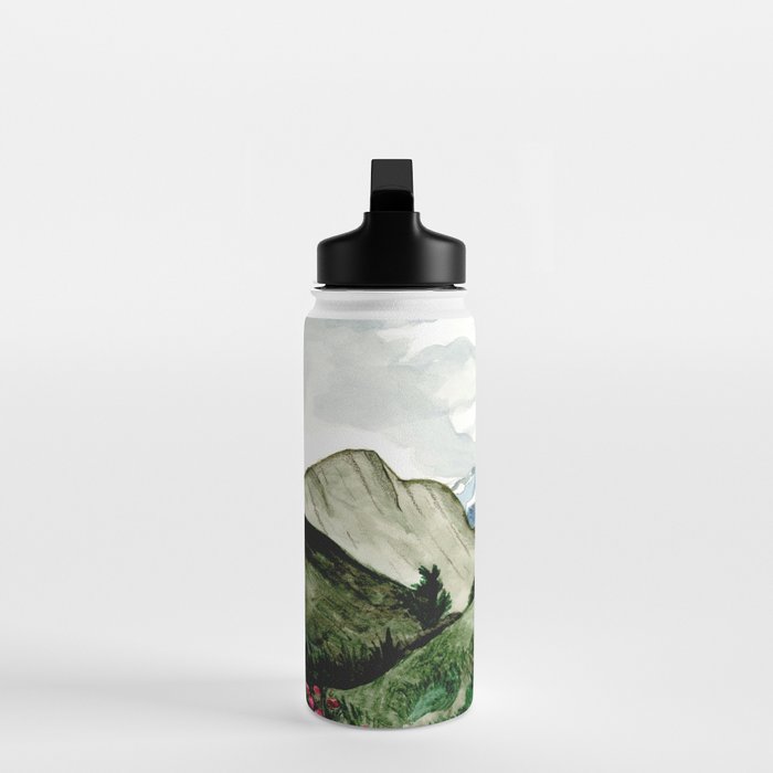 Field of flowers and mountains dreamy watercolor, landscape painting Water Bottle Gallery Image 3