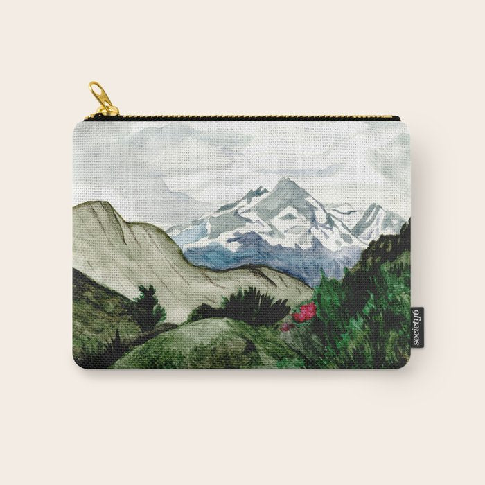 Field of flowers and mountains dreamy watercolor, landscape painting Carry All Pouch Gallery Image 1