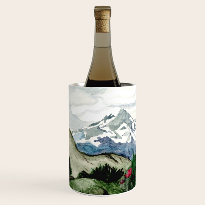 Field of flowers and mountains dreamy watercolor, landscape painting Wine Chiller Gallery Image 1