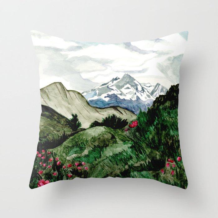 Field of flowers and mountains dreamy watercolor, landscape painting Throw Pillow Gallery Image 6