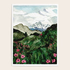 Field of flowers and mountains dreamy watercolor, landscape painting Poster Gallery Image 4