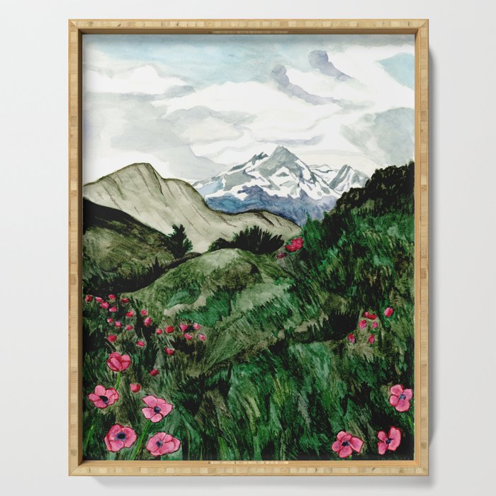 Field of flowers and mountains dreamy watercolor, landscape painting Serving Tray Gallery Image 1