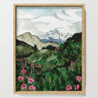 Field of flowers and mountains dreamy watercolor, landscape painting Serving Tray Gallery Image 1