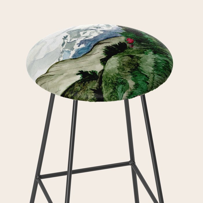Field of flowers and mountains dreamy watercolor, landscape painting Stool Gallery Image 2