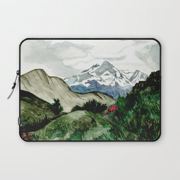 Field of flowers and mountains dreamy watercolor, landscape painting Laptop Sleeve Gallery Image 1