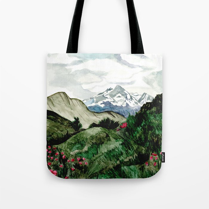 Field of flowers and mountains dreamy watercolor, landscape painting Tote Bag Gallery Image 1