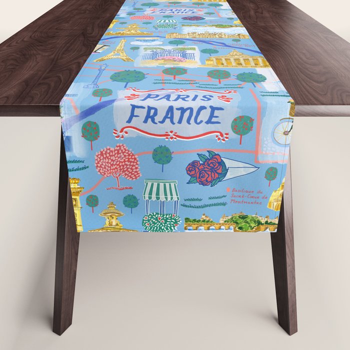 Paris France Map Illustration & Pattern in Blue Table Runner Gallery Image 1