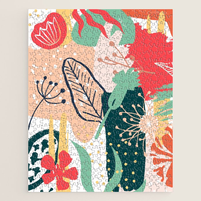 Summer Floral Prints, Abstract, Red and Green, Colourful Prints. Jigsaw Puzzle Gallery Image 1