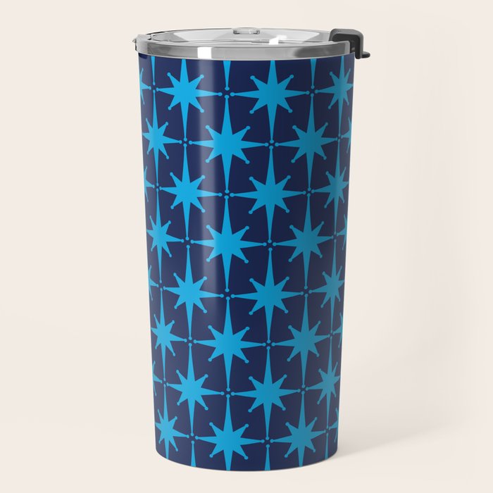 Midcentury Modern Atomic Age Starburst Pattern in Double Blue Travel Mug Gallery Image 2