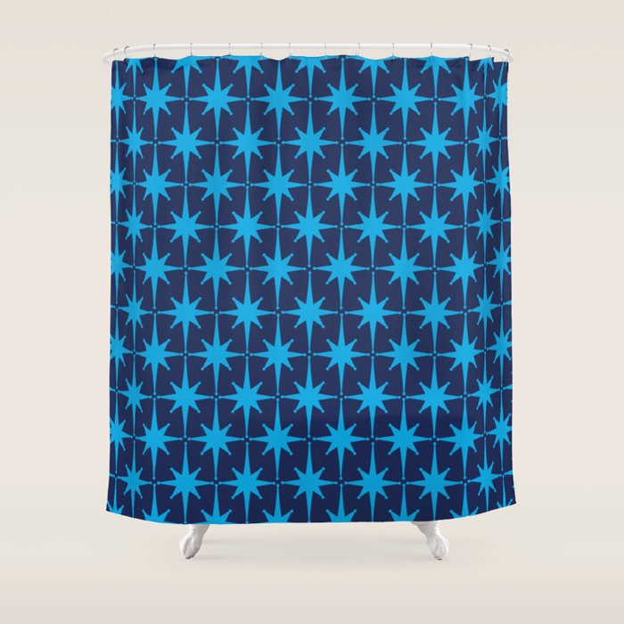 Midcentury Modern Atomic Age Starburst Pattern in Double Blue Shower Curtain Gallery Image 1
