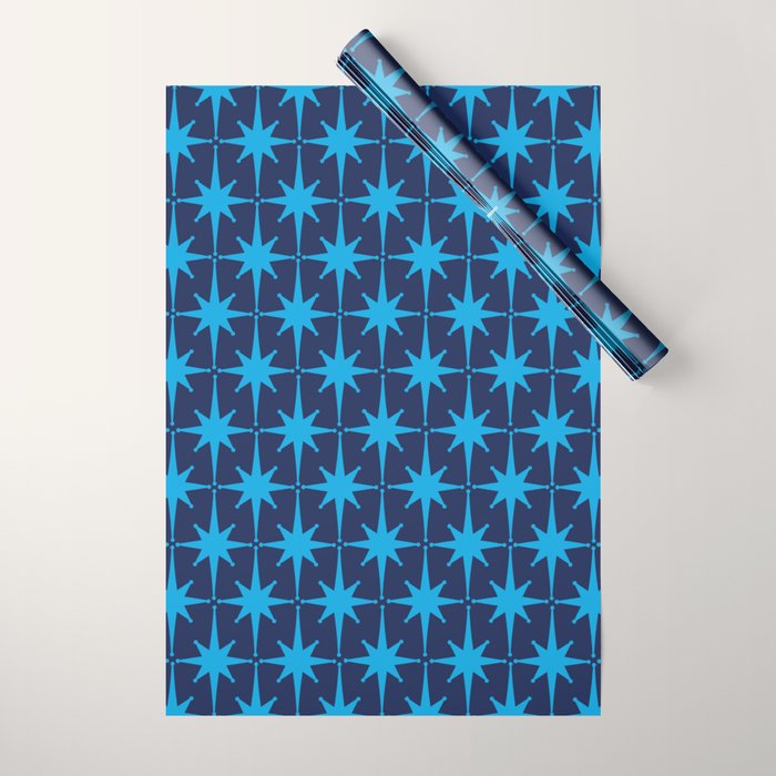 Midcentury Modern Atomic Age Starburst Pattern in Double Blue Wrapping Paper Gallery Image 1
