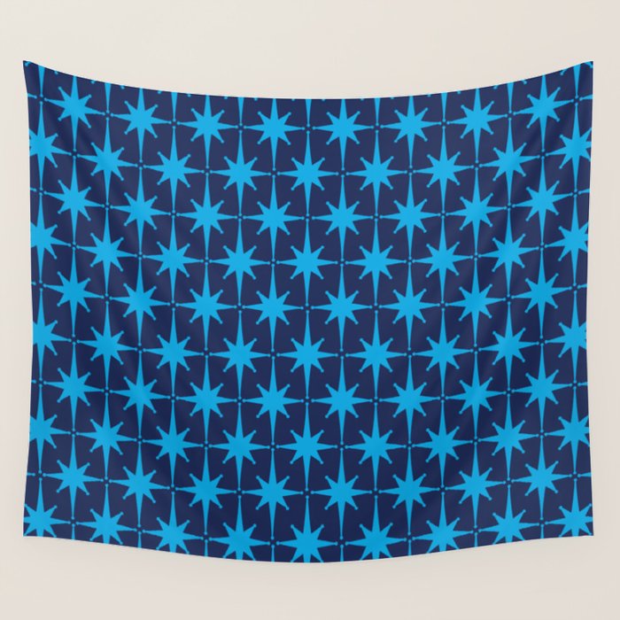 Midcentury Modern Atomic Age Starburst Pattern in Double Blue Wall Tapestry Gallery Image 4