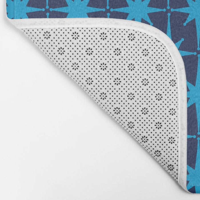 Midcentury Modern Atomic Age Starburst Pattern in Double Blue Bath Mat Gallery Image 2