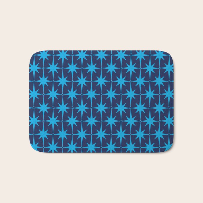 Midcentury Modern Atomic Age Starburst Pattern in Double Blue Bath Mat Gallery Image 1