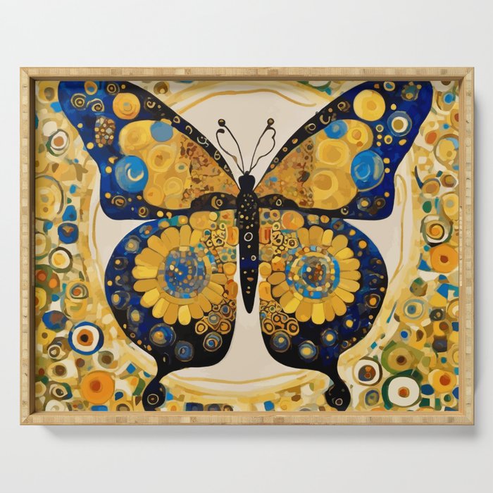 Gustav Klimt Style Blue and Gold Butterfly Serving Tray Gallery Image 1