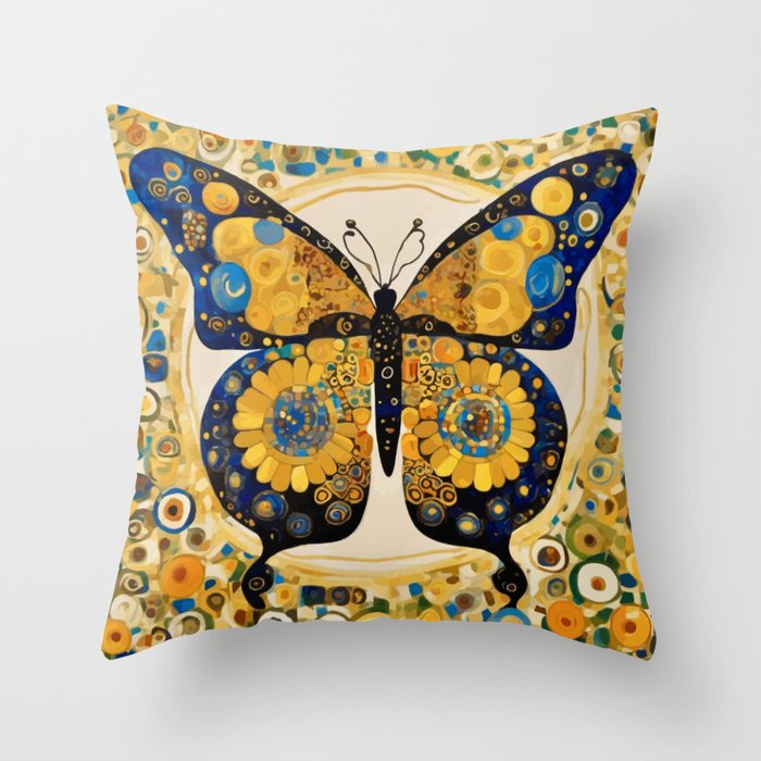 Gustav Klimt Style Blue and Gold Butterfly Throw Pillow Gallery Image 1