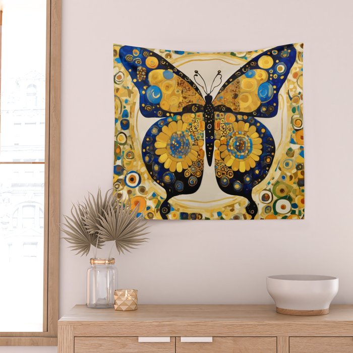 Gustav Klimt Style Blue and Gold Butterfly Wall Tapestry Gallery Image 2