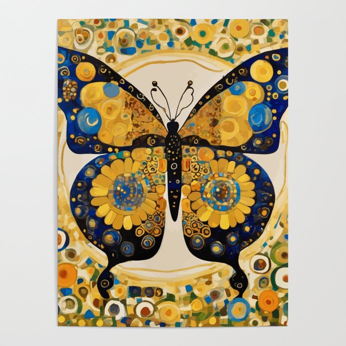 Gustav Klimt Style Blue and Gold Butterfly Poster Gallery Image 4