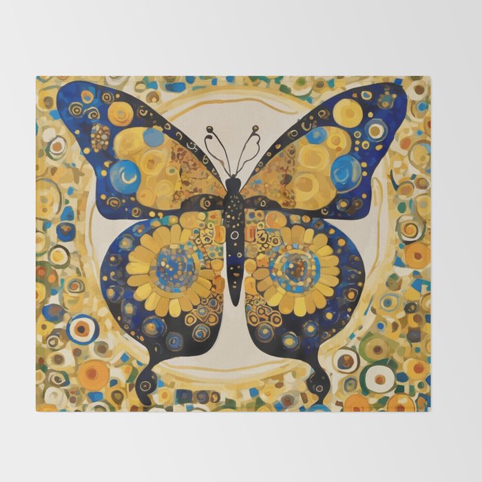 Gustav Klimt Style Blue and Gold Butterfly Throw Blanket Gallery Image 2