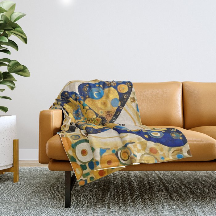 Gustav Klimt Style Blue and Gold Butterfly Throw Blanket Gallery Image 1