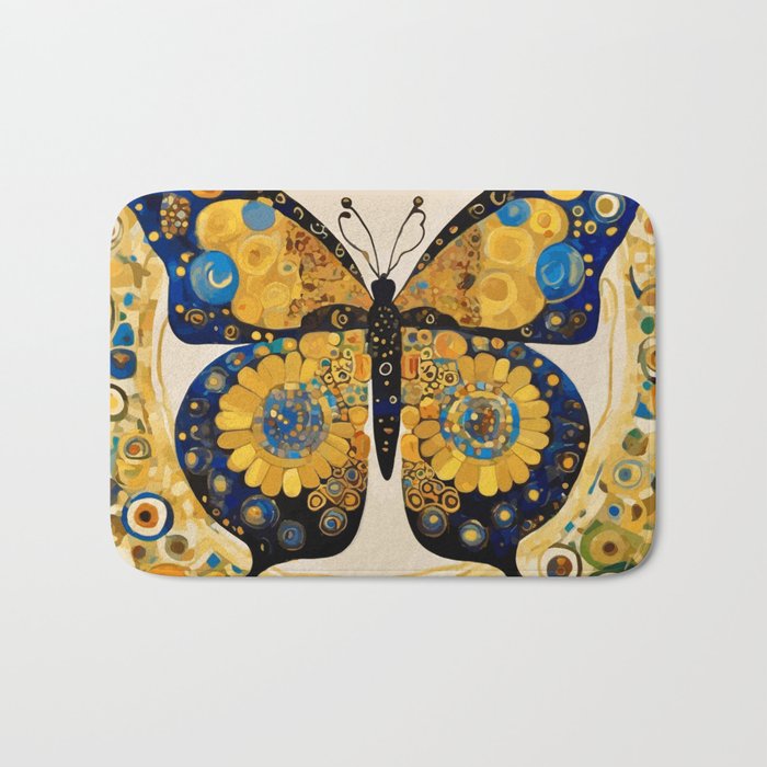 Gustav Klimt Style Blue and Gold Butterfly Bath Mat Gallery Image 1
