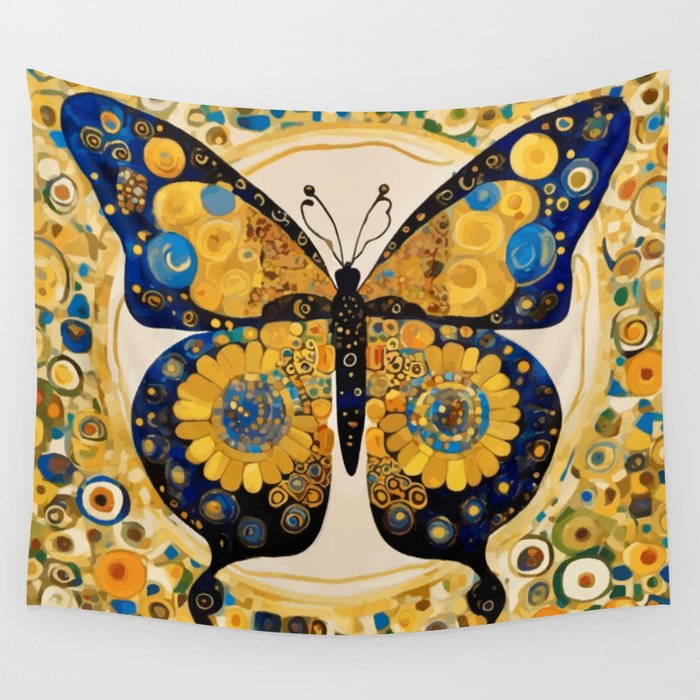 Gustav Klimt Style Blue and Gold Butterfly Wall Tapestry Gallery Image 4