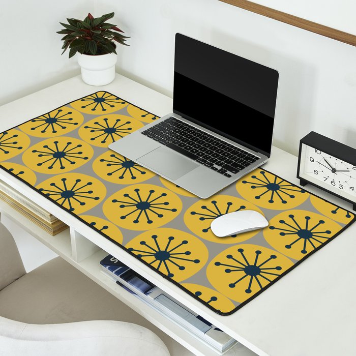 Atomic Dots Midcentury Modern Retro Pattern in Navy Blue, Light Mustard, and Gray Desk Mat Gallery Image 2