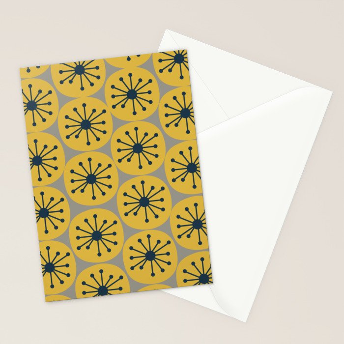 Atomic Dots Midcentury Modern Retro Pattern in Navy Blue, Light Mustard, and Gray Stationery Card Gallery Image 2
