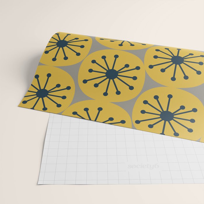 Atomic Dots Midcentury Modern Retro Pattern in Navy Blue, Light Mustard, and Gray Wrapping Paper Gallery Image 2