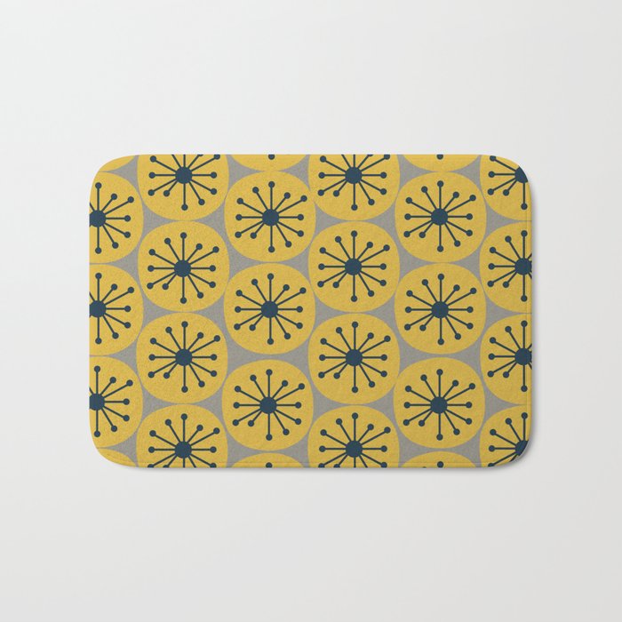 Atomic Dots Midcentury Modern Retro Pattern in Navy Blue, Light Mustard, and Gray Bath Mat Gallery Image 1