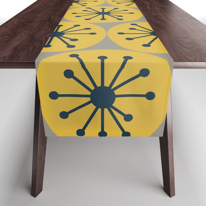 Atomic Dots Midcentury Modern Retro Pattern in Navy Blue, Light Mustard, and Gray Table Runner Gallery Image 1