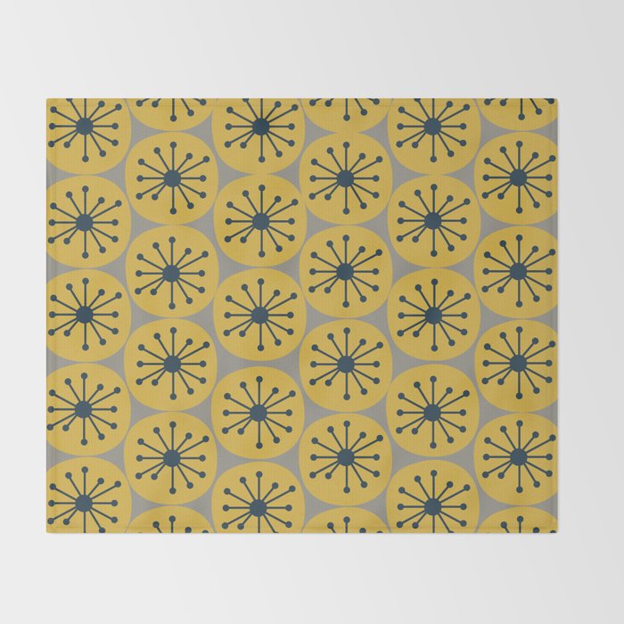 Atomic Dots Midcentury Modern Retro Pattern in Navy Blue, Light Mustard, and Gray Throw Blanket Gallery Image 2
