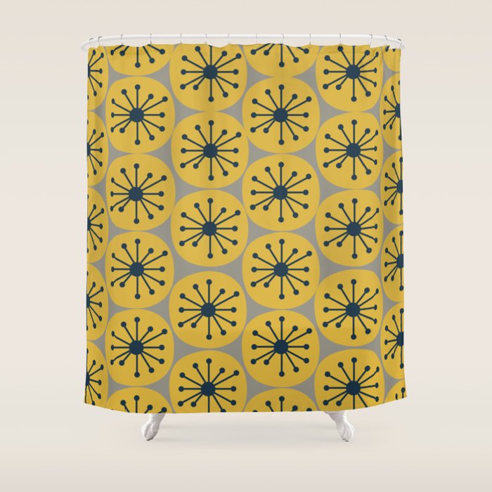 Atomic Dots Midcentury Modern Retro Pattern in Navy Blue, Light Mustard, and Gray Shower Curtain Gallery Image 1