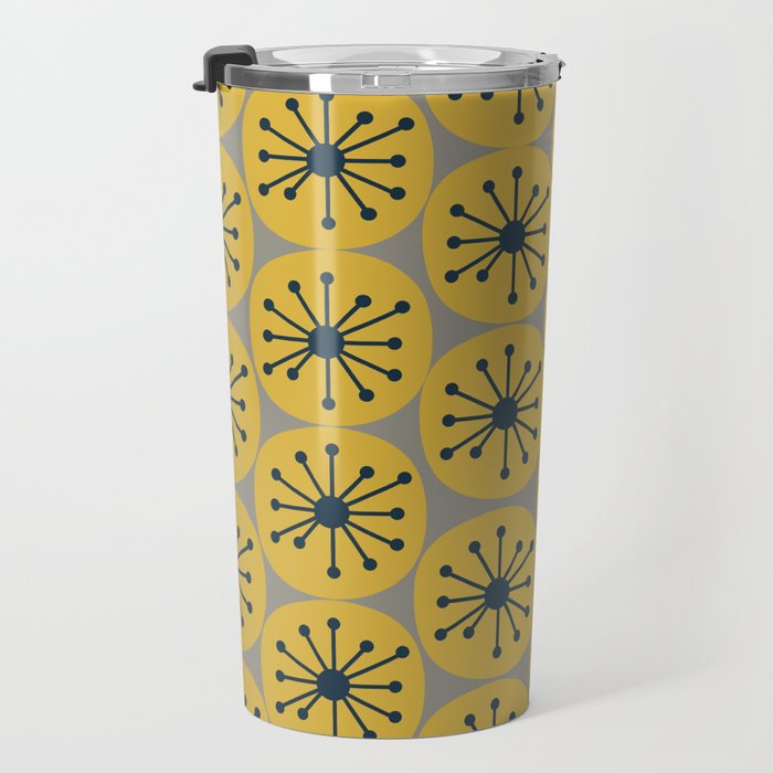 Atomic Dots Midcentury Modern Retro Pattern in Navy Blue, Light Mustard, and Gray Travel Mug Gallery Image 3
