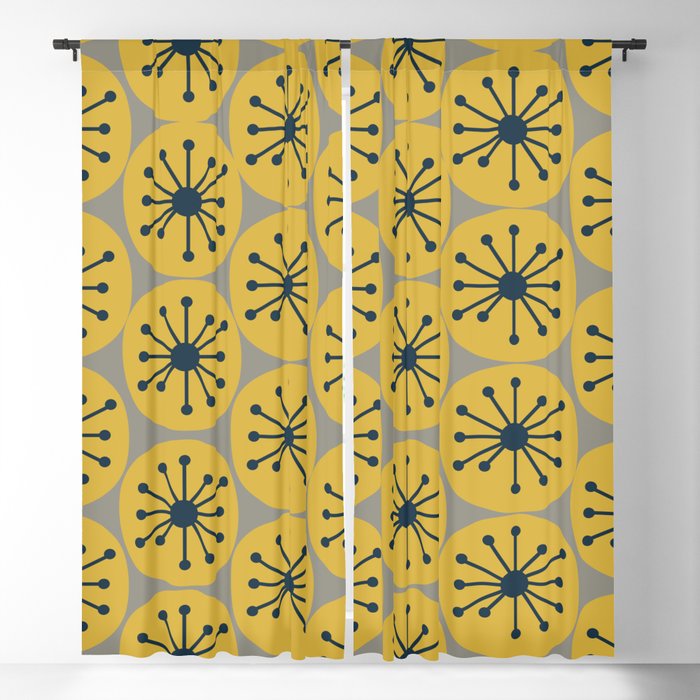 Atomic Dots Midcentury Modern Retro Pattern in Navy Blue, Light Mustard, and Gray Window Curtain Gallery Image 5