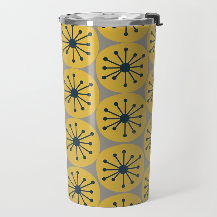 Atomic Dots Midcentury Modern Retro Pattern in Navy Blue, Light Mustard, and Gray Travel Mug Gallery Image 2