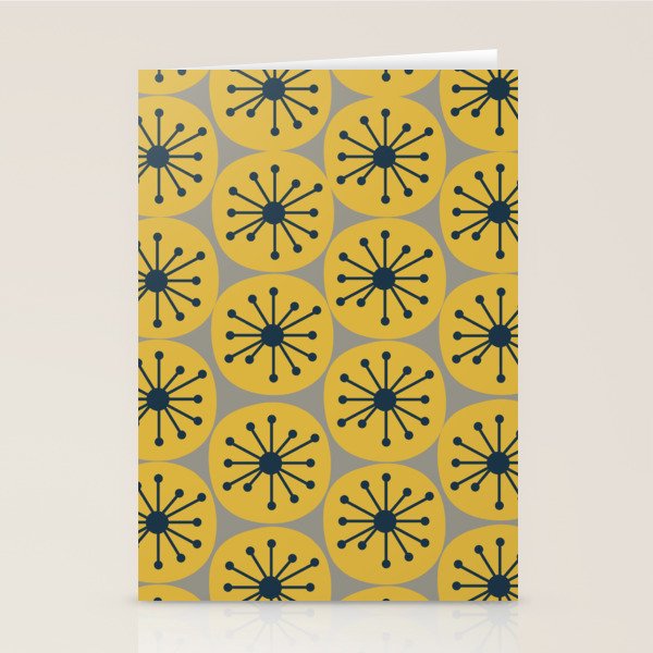 Atomic Dots Midcentury Modern Retro Pattern in Navy Blue, Light Mustard, and Gray Stationery Card Gallery Image 1