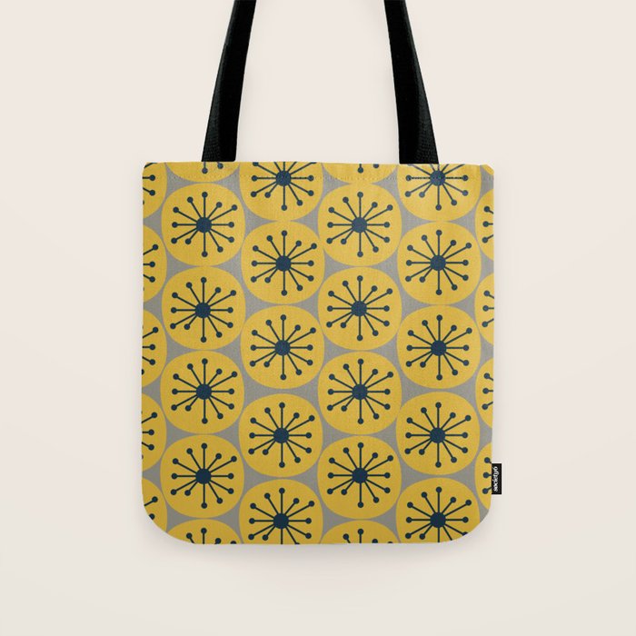 Atomic Dots Midcentury Modern Retro Pattern in Navy Blue, Light Mustard, and Gray Tote Bag Gallery Image 1