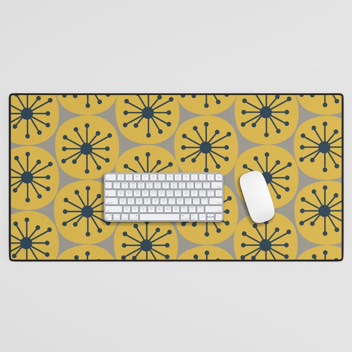 Atomic Dots Midcentury Modern Retro Pattern in Navy Blue, Light Mustard, and Gray Desk Mat Gallery Image 1