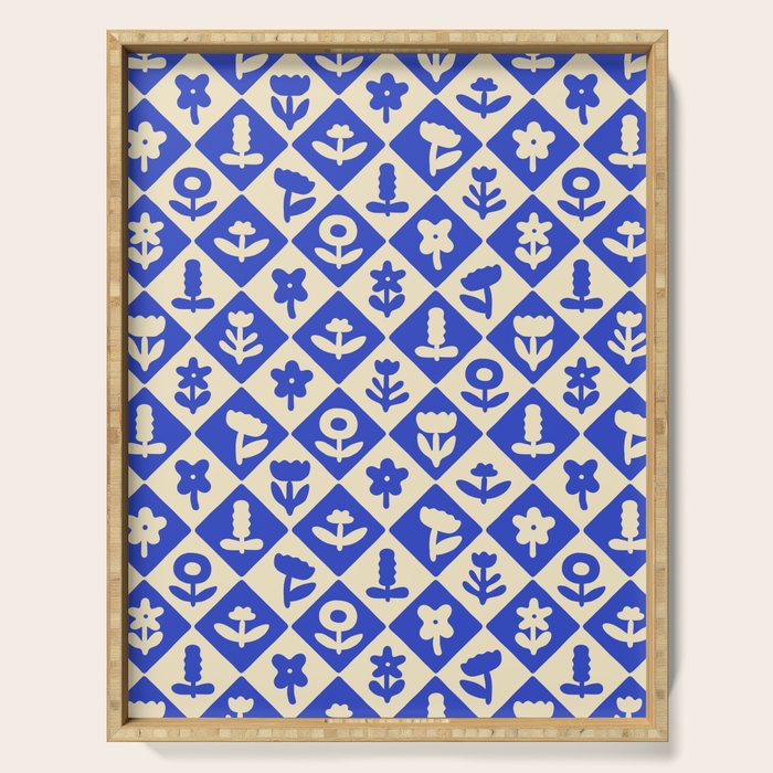 Vintage geometric blue flower art pattern Serving Tray Gallery Image 1