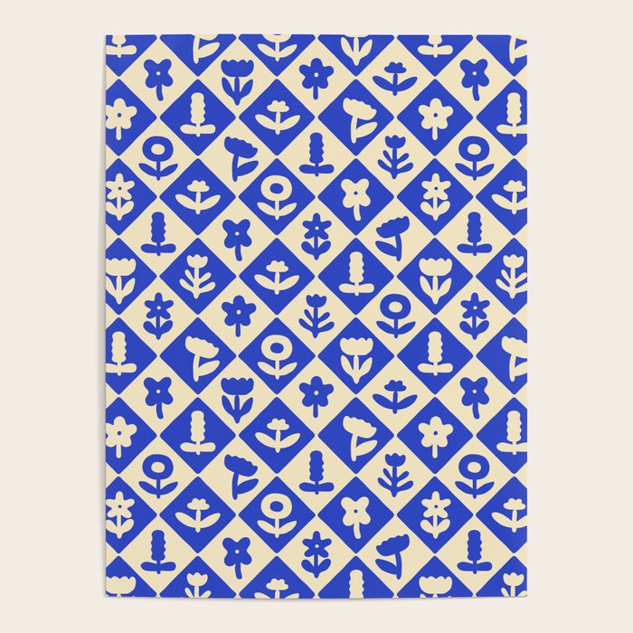 Vintage geometric blue flower art pattern Poster Gallery Image 1