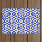 Vintage geometric blue flower art pattern Outdoor Rug Gallery Image 1